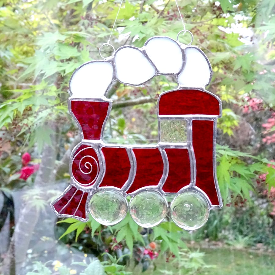 Stained Glass Train Suncatcher - Handmade Hanging Decoration Red