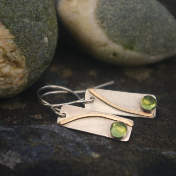 Silver and Gold Shoreline Earrings with Peridots