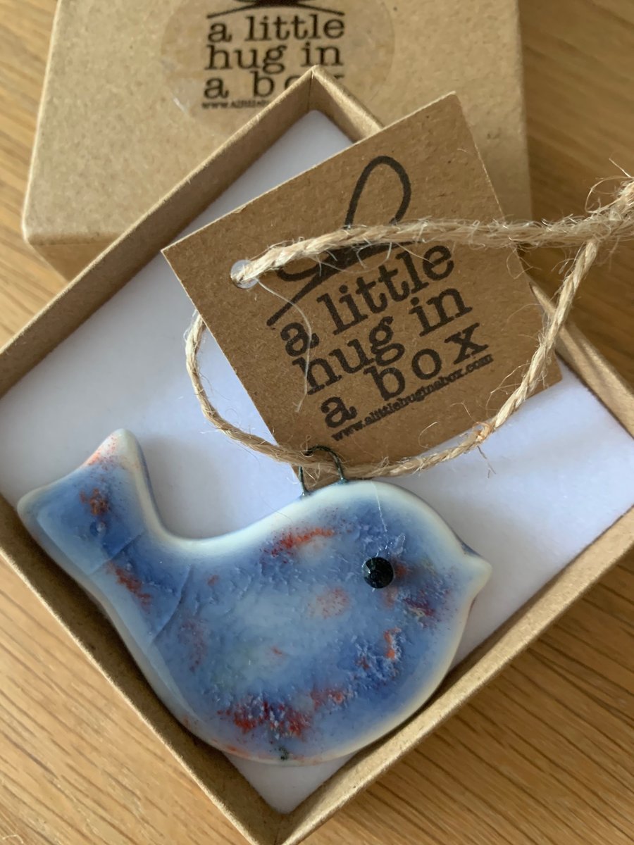  A Little Hug in a Box Hand Made Pinky Blue Speckled Porcelain Bird  