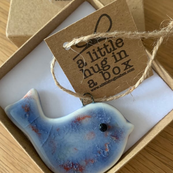  A Little Hug in a Box Hand Made Pinky Blue Speckled Porcelain Bird  