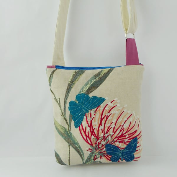 Linen and silk crossbody bag with zipped fastening and butterflies