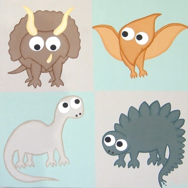 Dinosaur Painting - original acrylic nursery art with cartoon dinosaurs