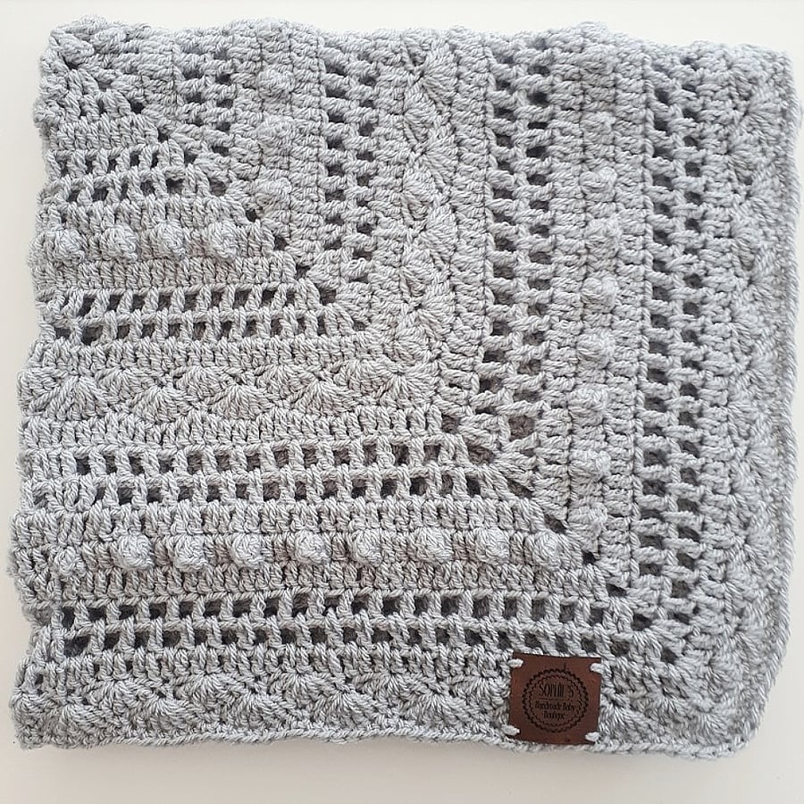 Grey vintage style crochet baby blanket, neutral baby blanket, grey baby blanket