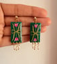 Emerald Green Pink Tulips Rice Pearl Statement Unique Earrings - Image 5