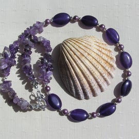 Amethyst & Purple Shell Pearl Gemstone Chunky Statement Necklace "Velvet Dawn"