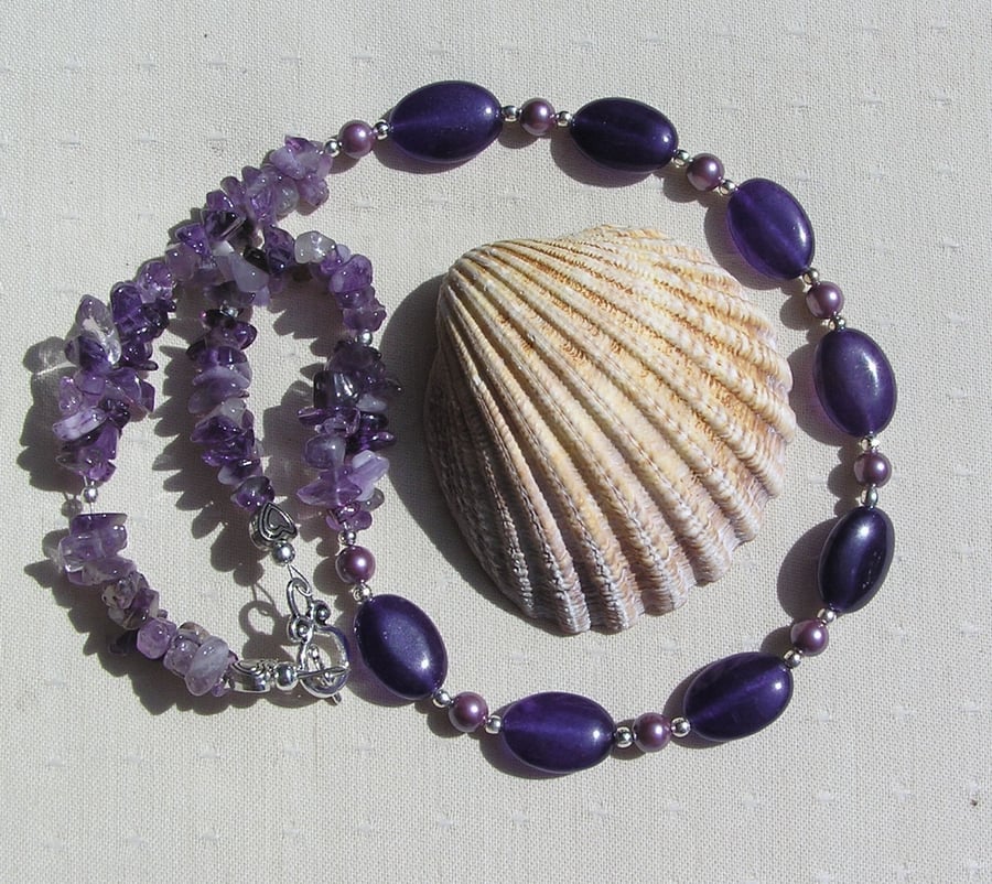 Amethyst & Purple Shell Pearl Gemstone Chunky Statement Necklace "Velvet Dawn"