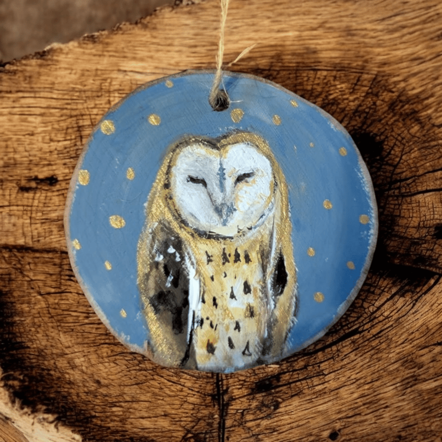 Beautiful barn owl wooden disc decoration