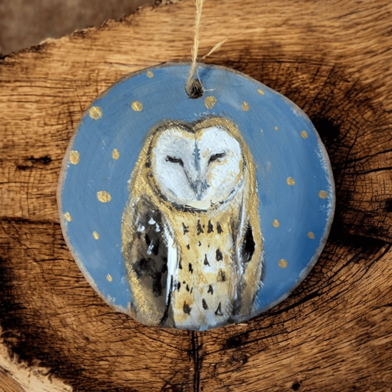 Beautiful barn owl wooden disc decoration