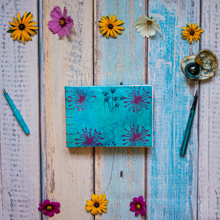 Hand-Dyed Screen-Printed Heirloom Sketchbook, A5, Bright Pink Alliums Folksy076