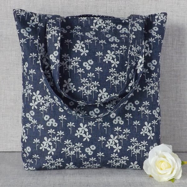 Tote bag, shopping bag, floral denim