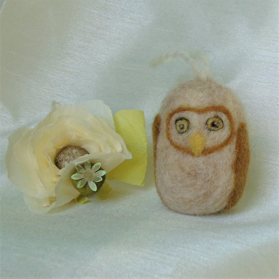 Wool owl,  6 cms tall will hang or stand,  Xmas tree decoration, key hanger