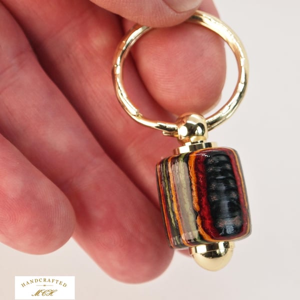 Reclaimed Multi-coloured Ply Keyring Recycled Wood 'Gold' Detail