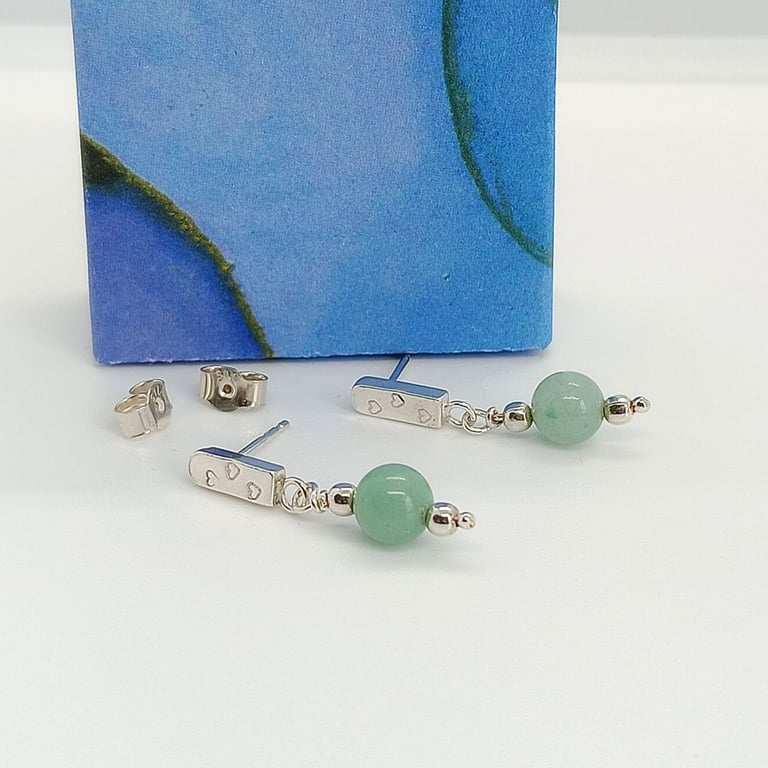 Sterling silver bar stud earrings Heart stamped with Aventurine Gemstone Beads