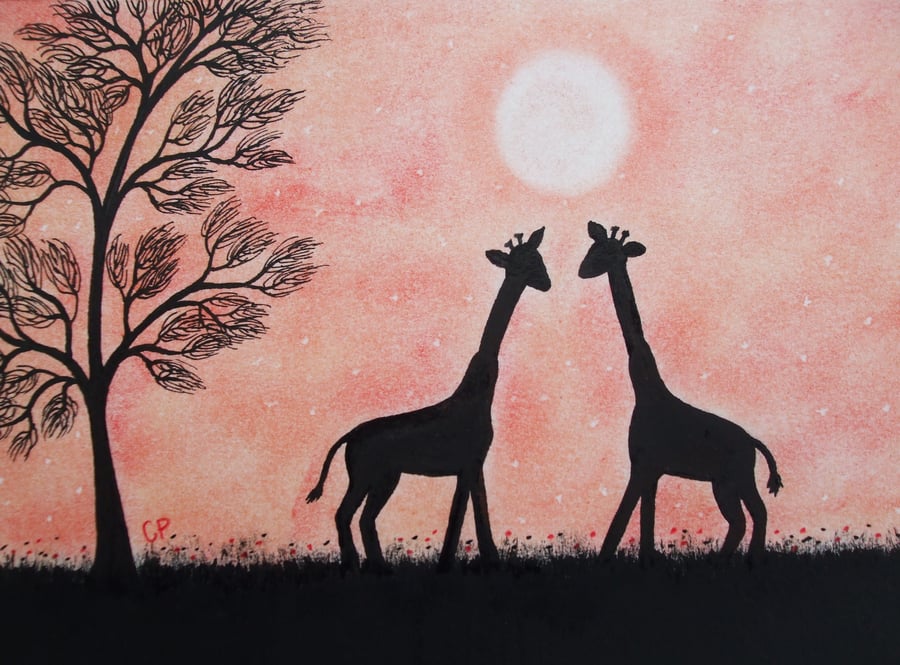 Giraffe Card, Valentines Animal Card, Romantic Art, Engagement Two Giraffes Tree