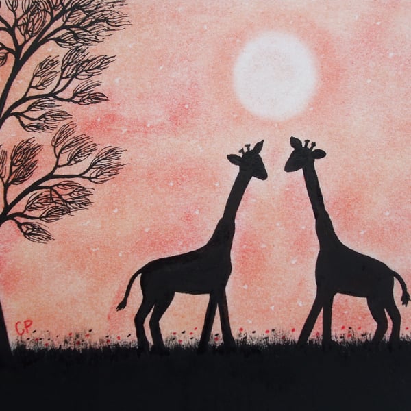 Giraffe Card, Valentines Animal Card, Romantic Art, Engagement Two Giraffes Tree