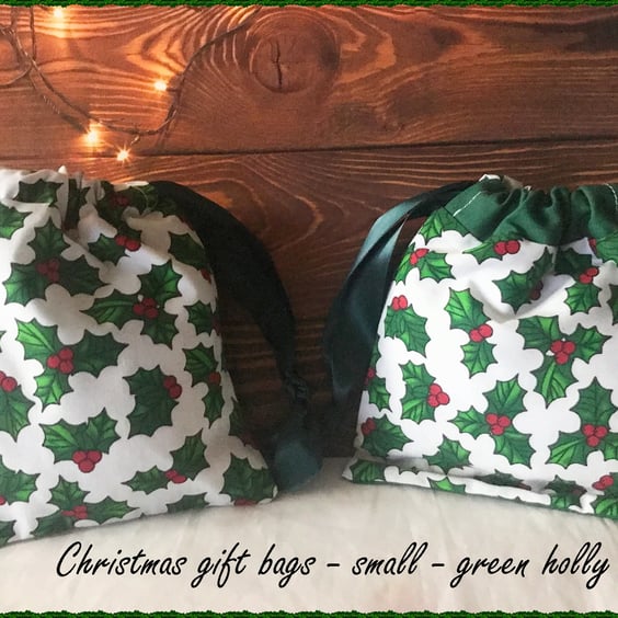 Holly Christmas Drawstring Gift Bag, Eco Friendly Reusable Fabric Bag