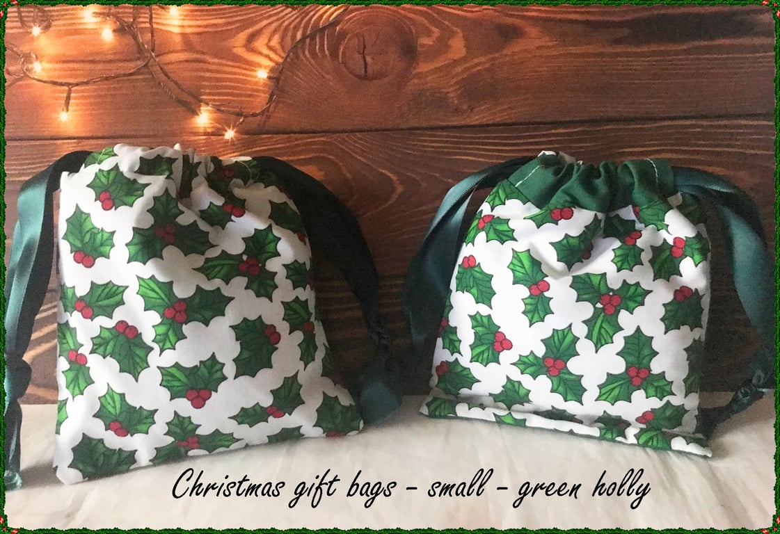 Holly Christmas Drawstring Gift Bag, Eco Friendly Reusable Fabric Bag