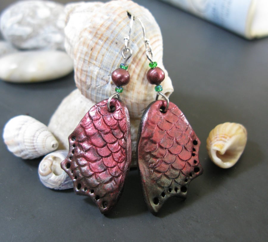 "Draig Bach" (Little Dragon) – Crimson & Bronze Faery Dragon Wing Earrings