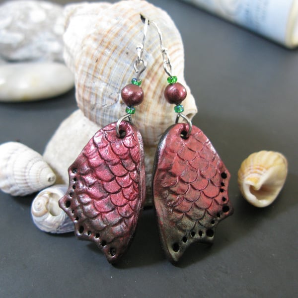 "Draig Bach" (Little Dragon) – Crimson & Bronze Faery Dragon Wing Earrings