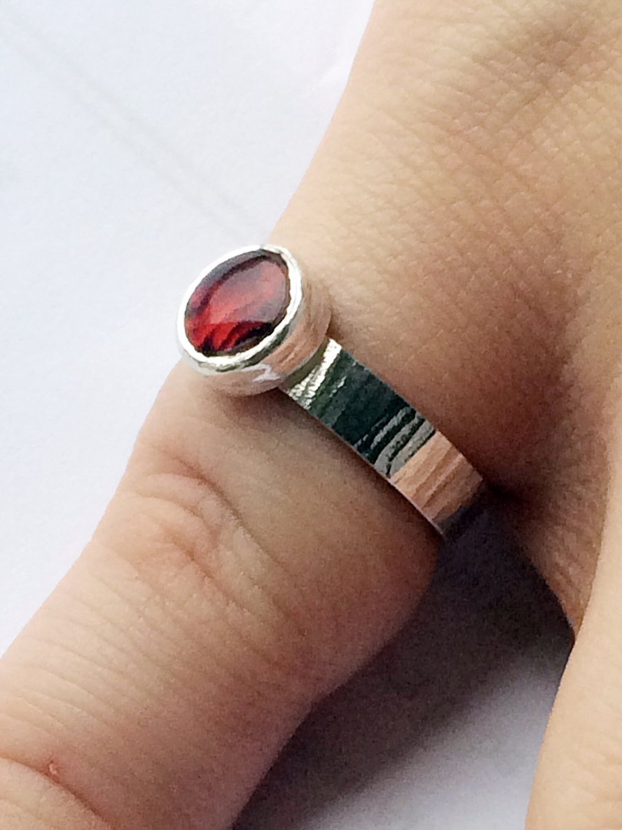 Red Round Paua Shell Sterling Silver Ring on Bark Effect Silver Band