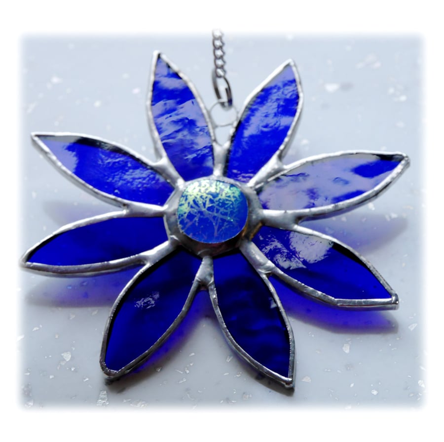 Blue Daisy Suncatcher Stained Glass Flower Dichroic 031
