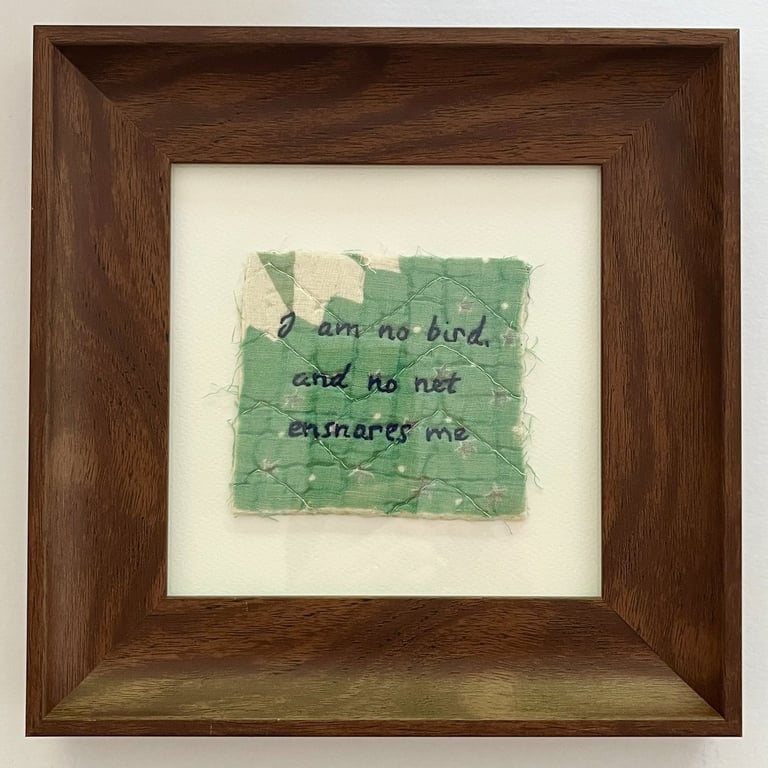 'I am no bird' Hand embroidered vintage quilt art