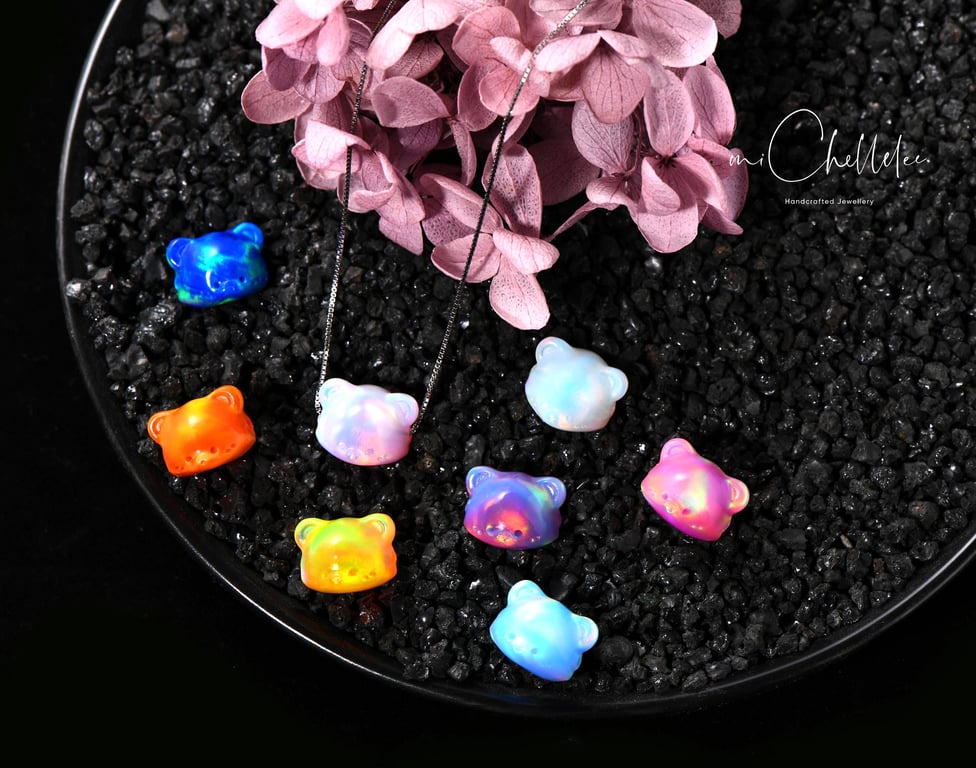 Large 3D Fire Opal Bear Necklace with 925 Sterling Silver Chain