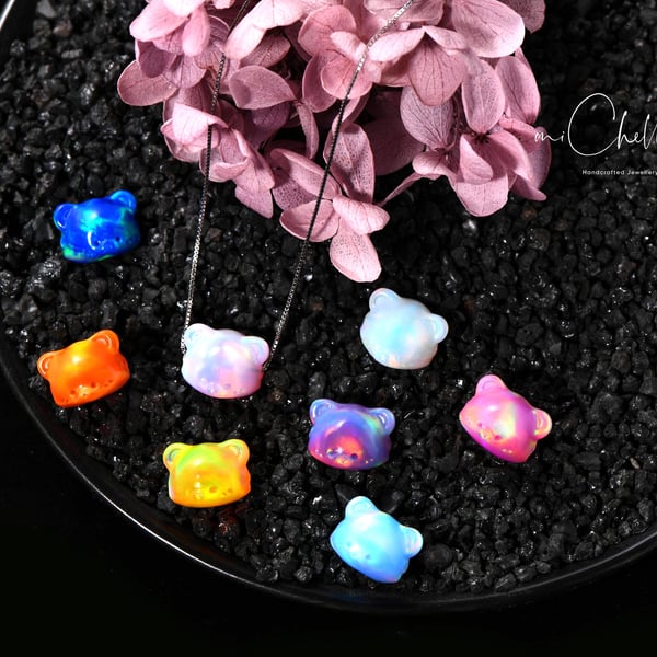 Large 3D Fire Opal Bear Necklace with 925 Sterling Silver Chain