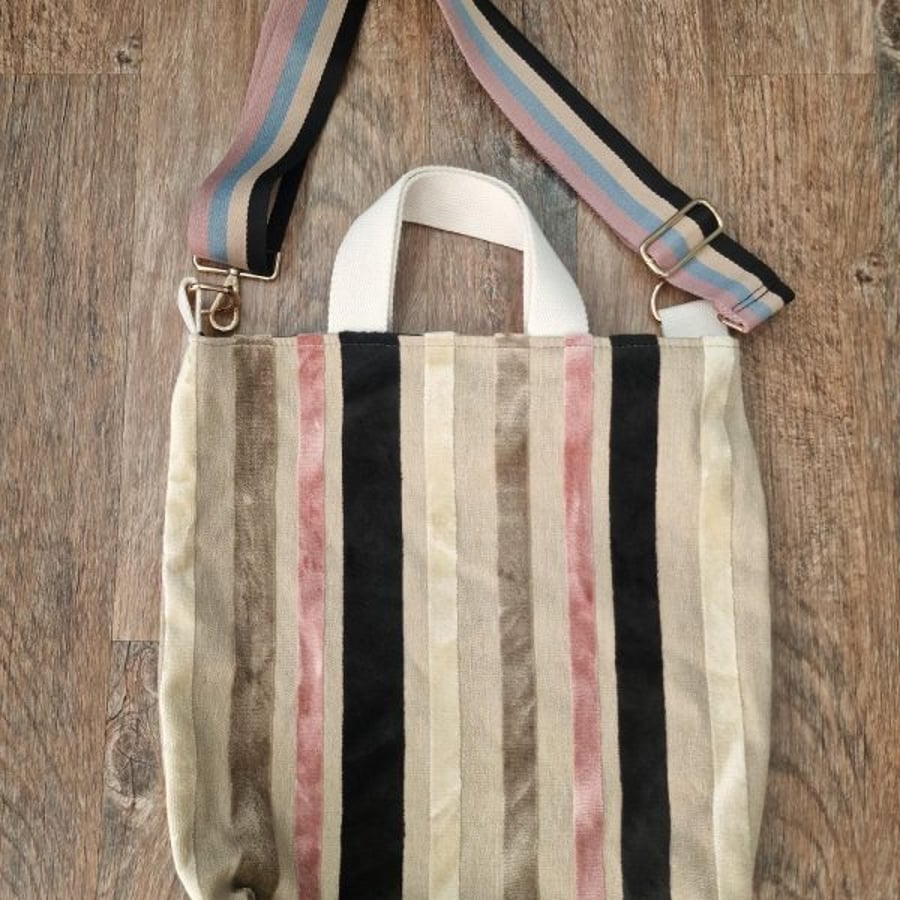 Handmade Striped Fabric Tote Bag - Beige, Pink & Black