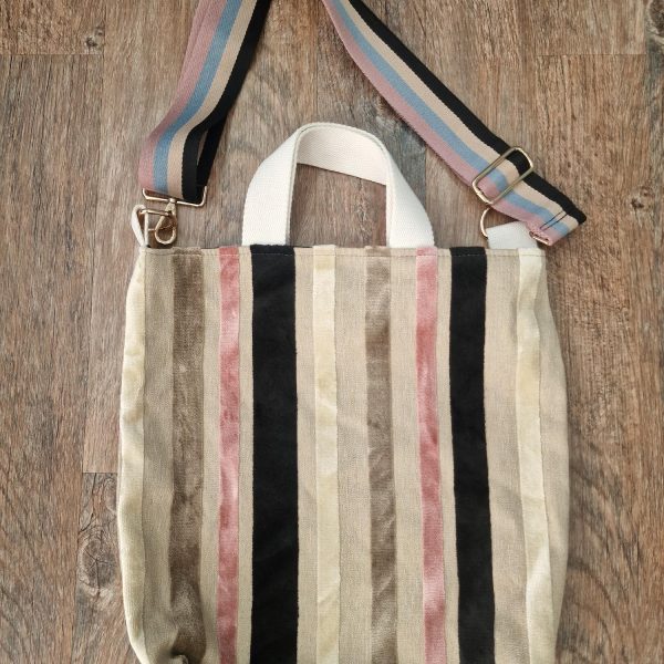 Handmade Striped Fabric Tote Bag - Beige, Pink & Black