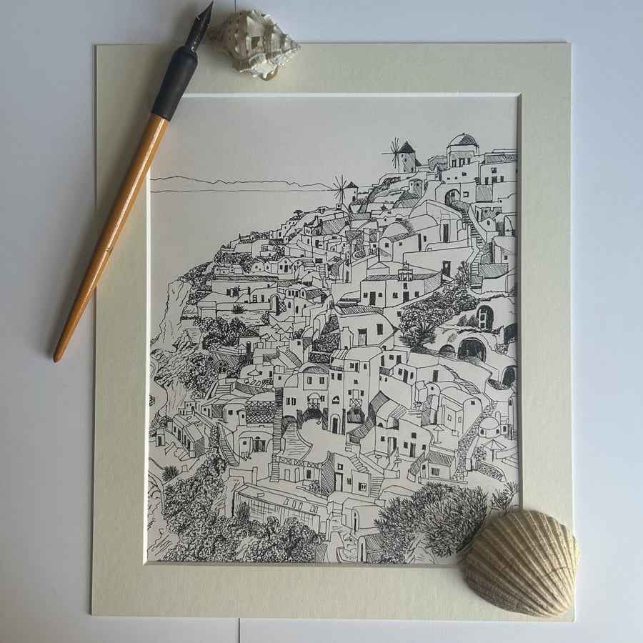 Ink drawing of Oia in Santorini, Greece