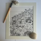 Ink drawing of Oia in Santorini, Greece