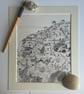 Ink drawing of Oia in Santorini, Greece