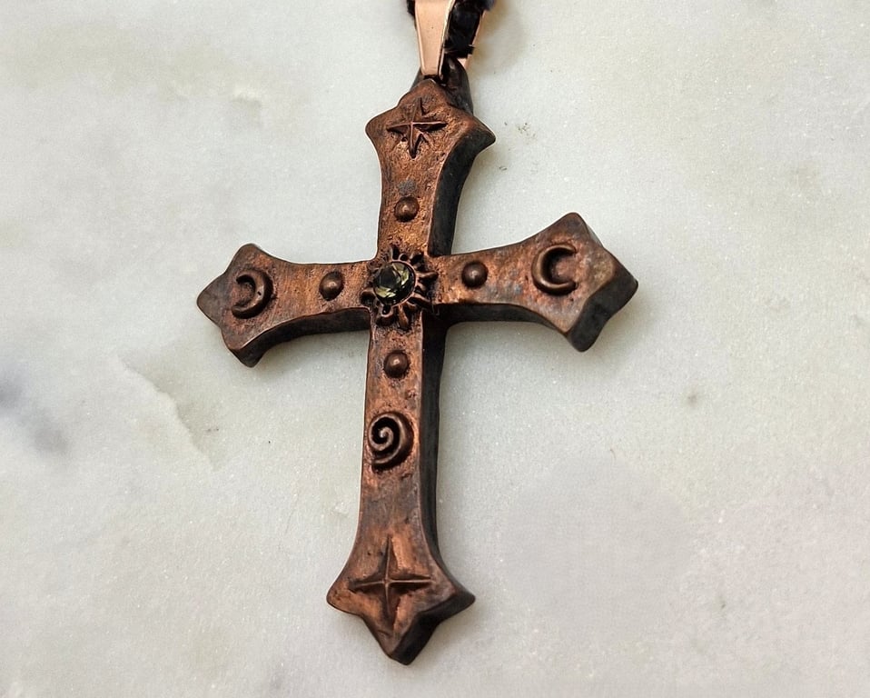 Large Copper Cross Pendant, Sun, Moons, Stars, Spiral with Citrine Gem Necklace.