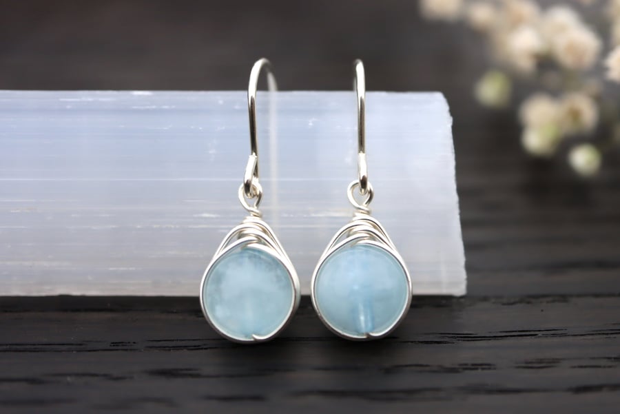 Blue Aquamarine Drop Earrings in Sterling Silver