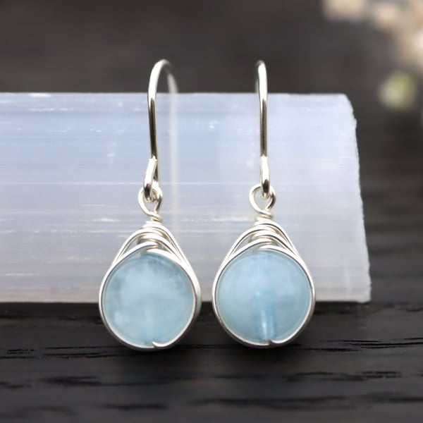 Blue Aquamarine Drop Earrings in Sterling Silver