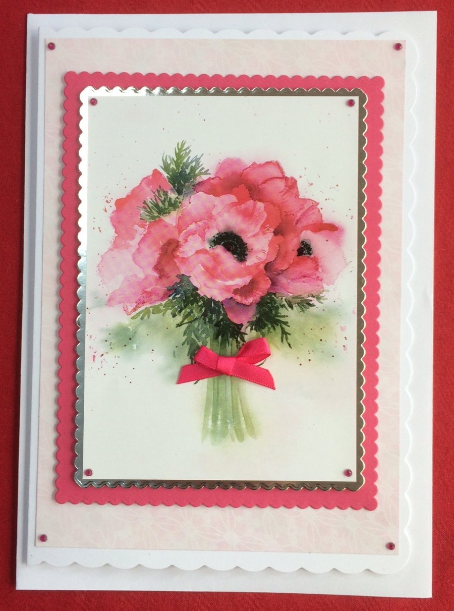 Poppy Card Pink Poppies Bouquet Any Occasion 3D Luxury Handmade Card
