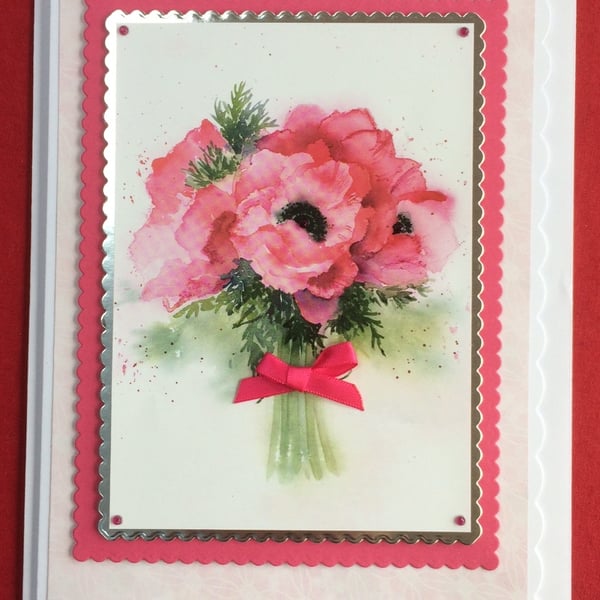 Poppy Card Pink Poppies Bouquet Any Occasion 3D Luxury Handmade Card