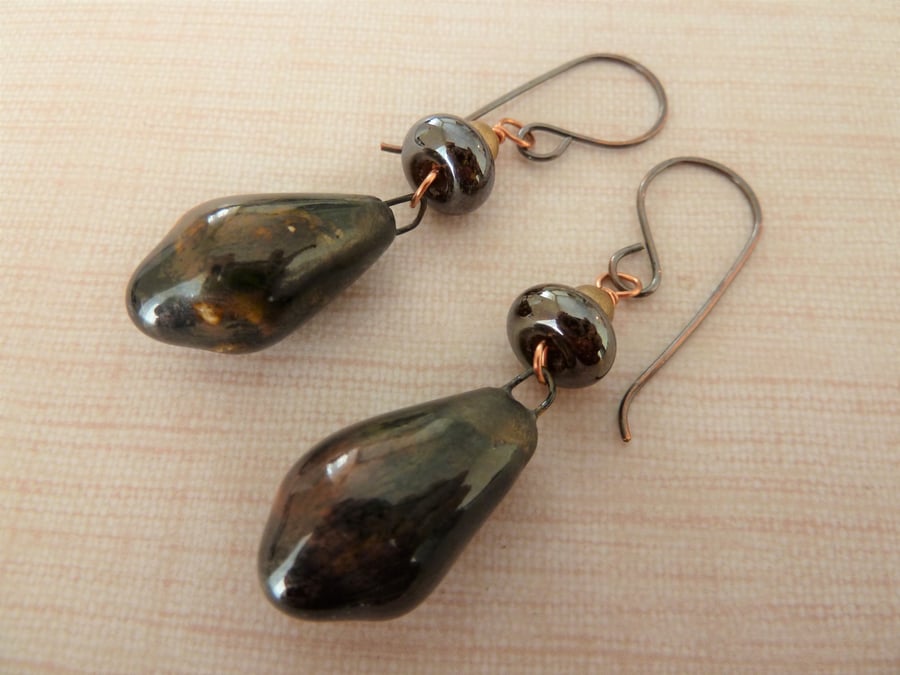 copper, lampwork and ceramic brown drop earrings