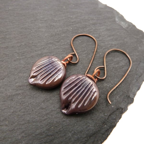 glass leaf earrings, copper jewellery 