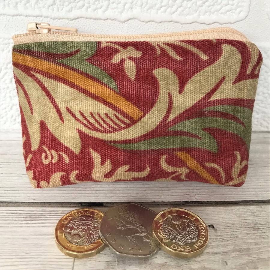Small purse, coin purse in red William Morris design fabric