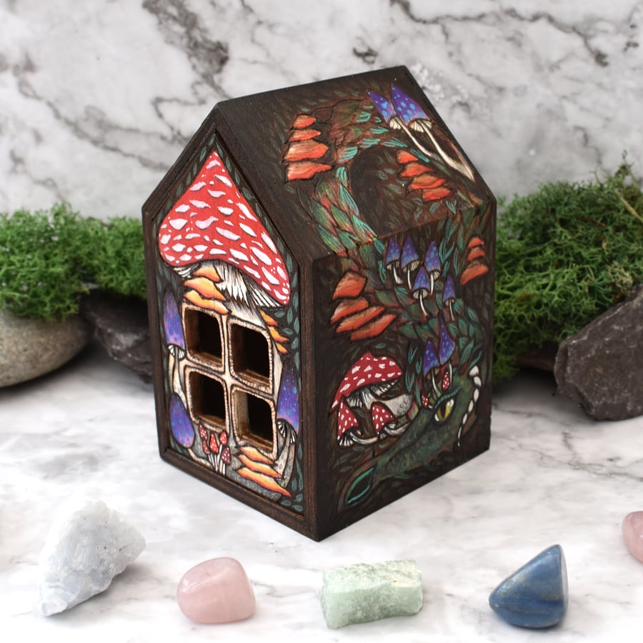 Forest Fungi Dragon. Miniature pyrography house.