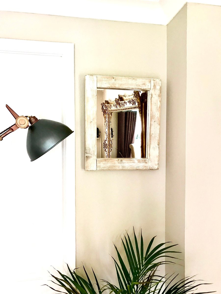 Mirror with Timber Frame. Old Wood Distressed Paint, Rectangular Mirror, Accent 