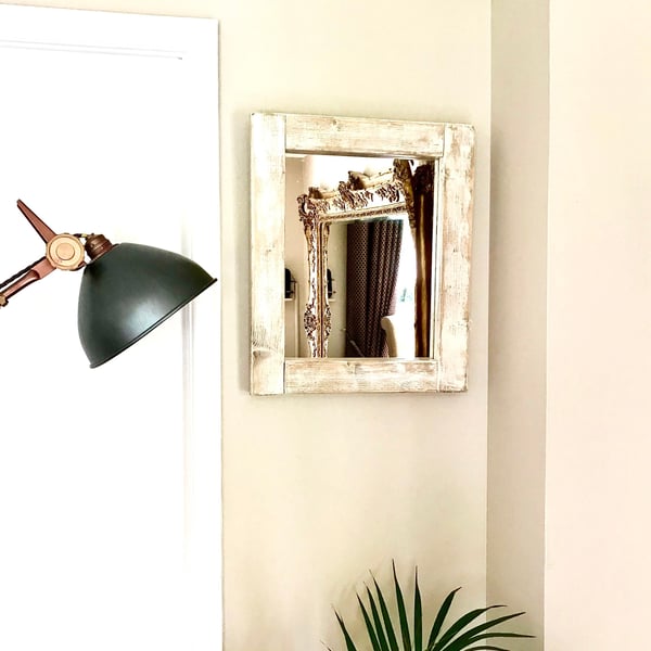 Mirror with Timber Frame. Old Wood Distressed Paint, Rectangular Mirror, Accent 
