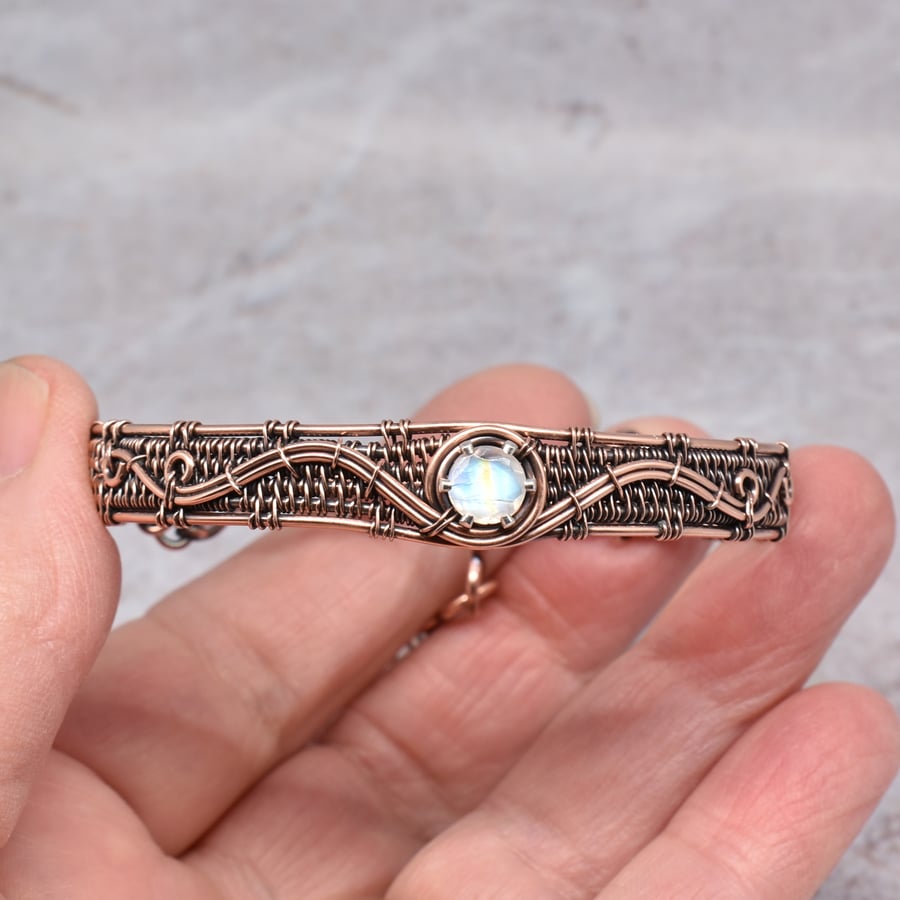 Moonstone and Copper Wire Woven Cuff Bracelet