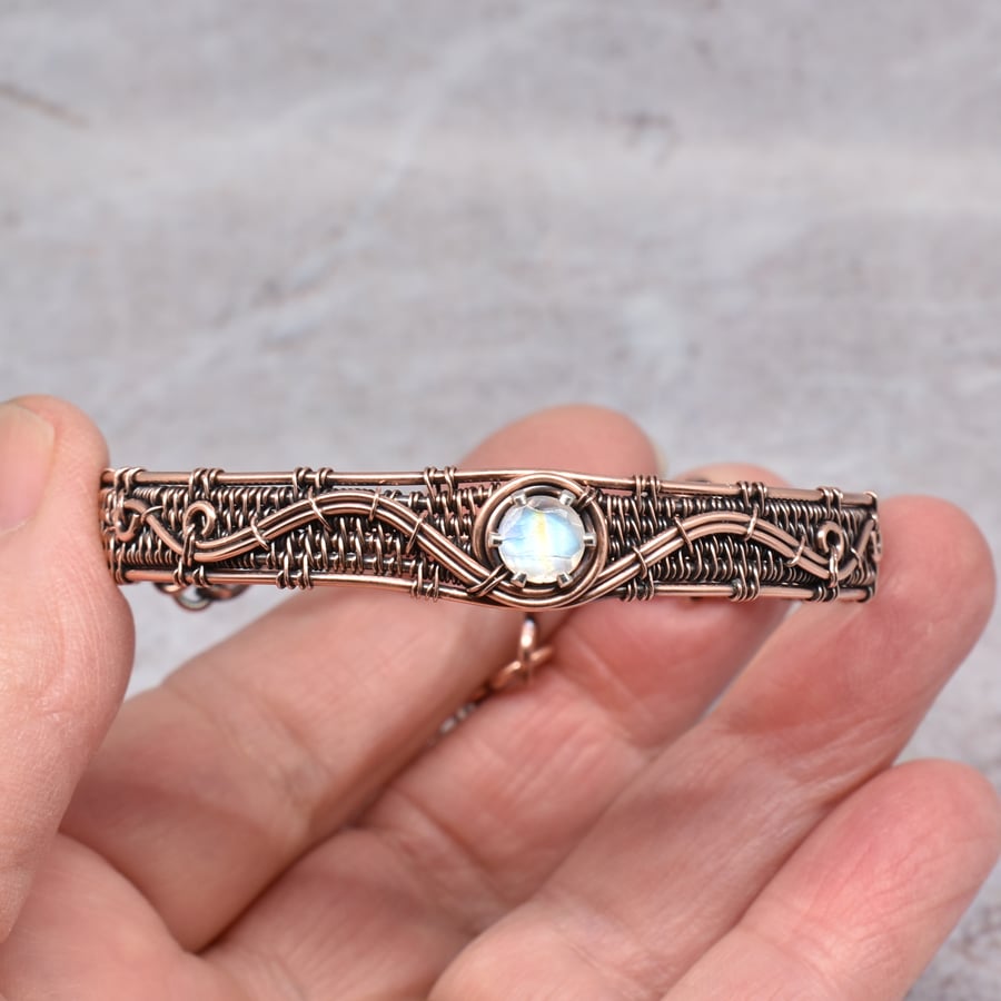 Moonstone and Copper Wire Woven Cuff Style Bracelet