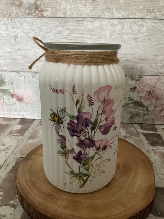 Ribbed Glass Vase. Sweet Pea. Bee.