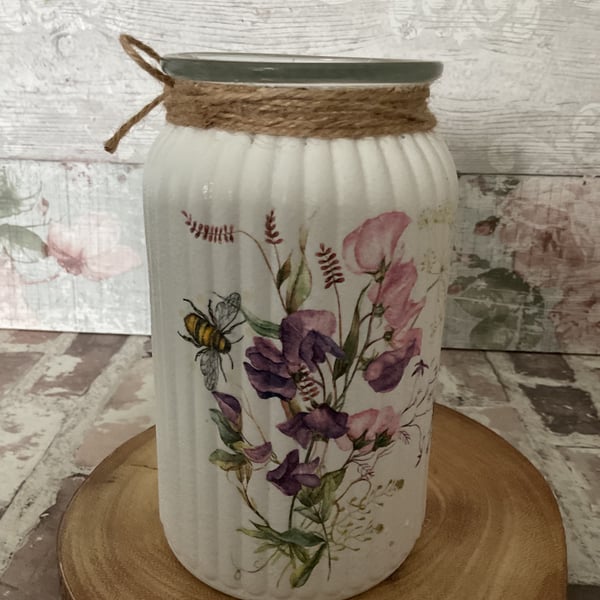 Ribbed Glass Vase. Sweet Pea. Bee.