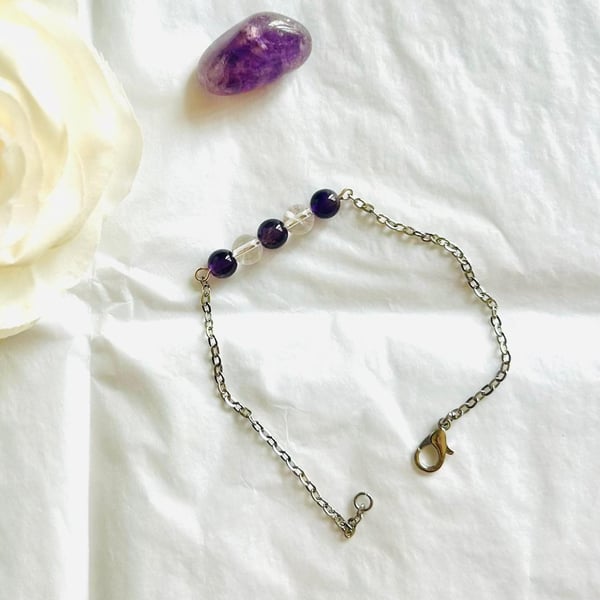 Amethyst and Clear Quartz bracelet with stainless steel - Birthstones - Health