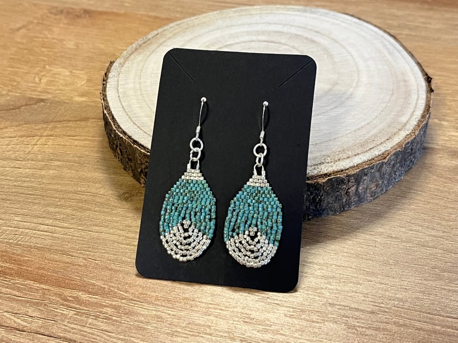 Turquoise and silver bead weave teardrop earrings